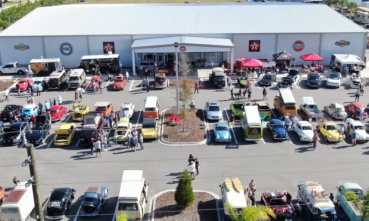 An overhead view of the parking lot at A Classic Car Museum during the Cruisers Club Car Show