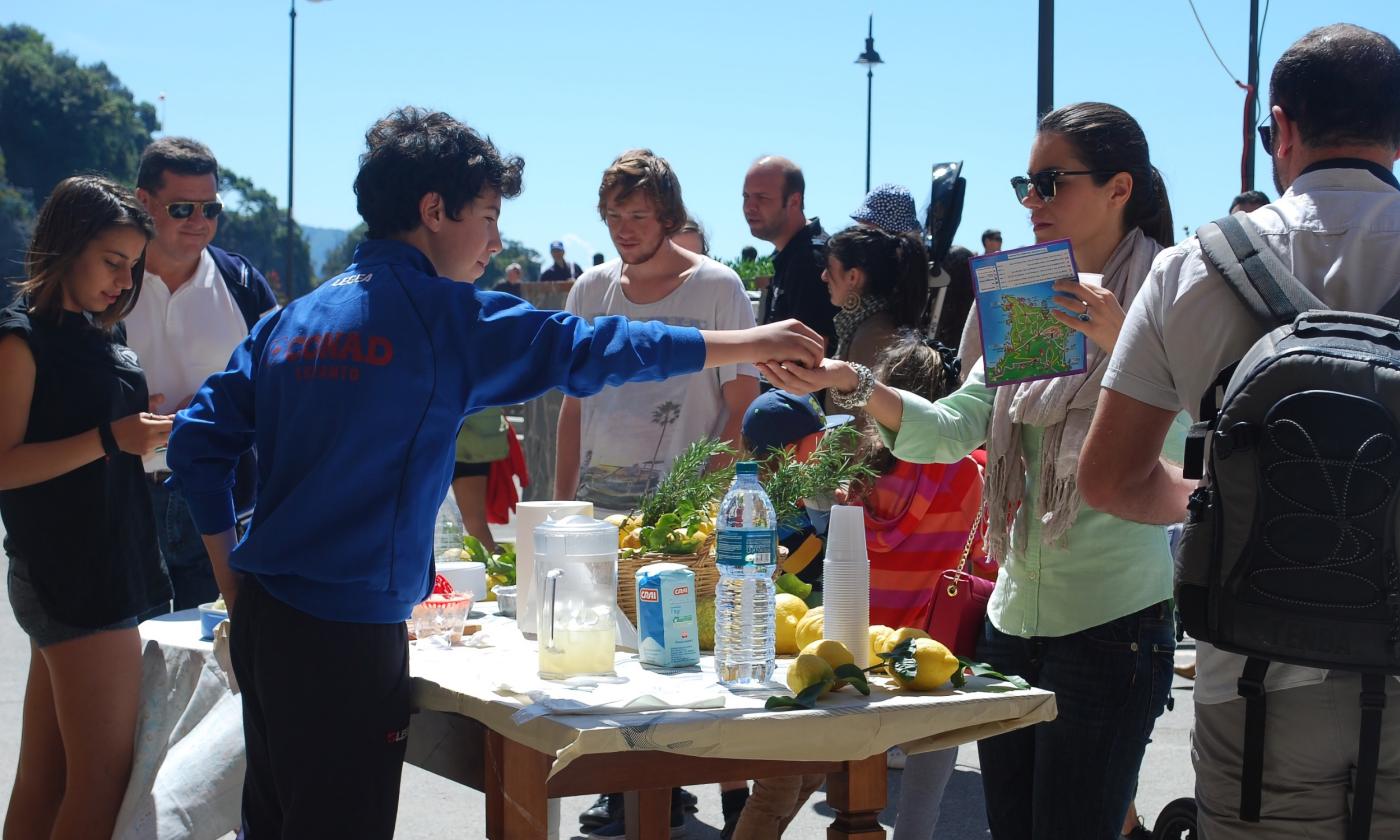 A teen sells lemonade at a stand