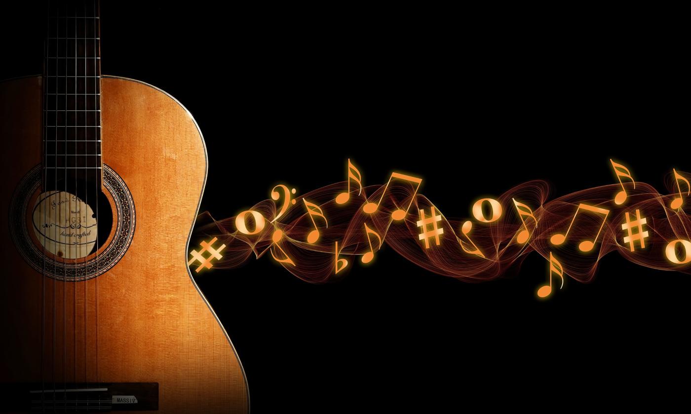 A photo of an acoustic guitar, upright on the left with musical notes dancing towards the right