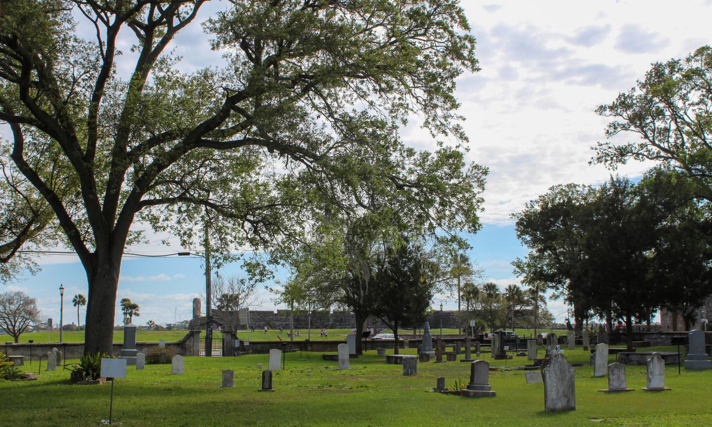 The historic Castillo de San Marcos can be seen from inside the Huguenot Cemetery in St Augustine, FL