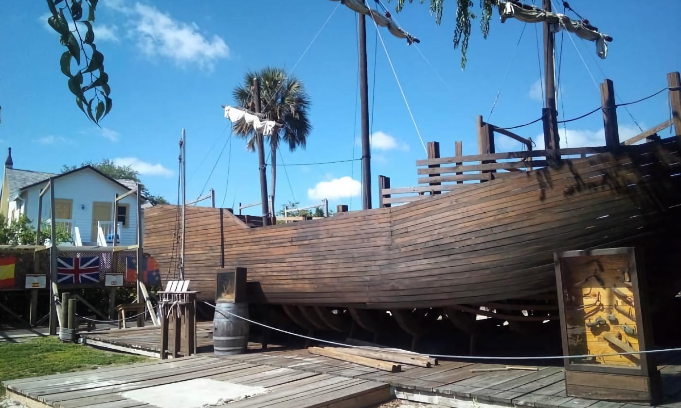 The on-land replica of a 16th-century caravel, the type of ship used by explorers of that period. This exhibit is on the grounds of the Colonial Quarter