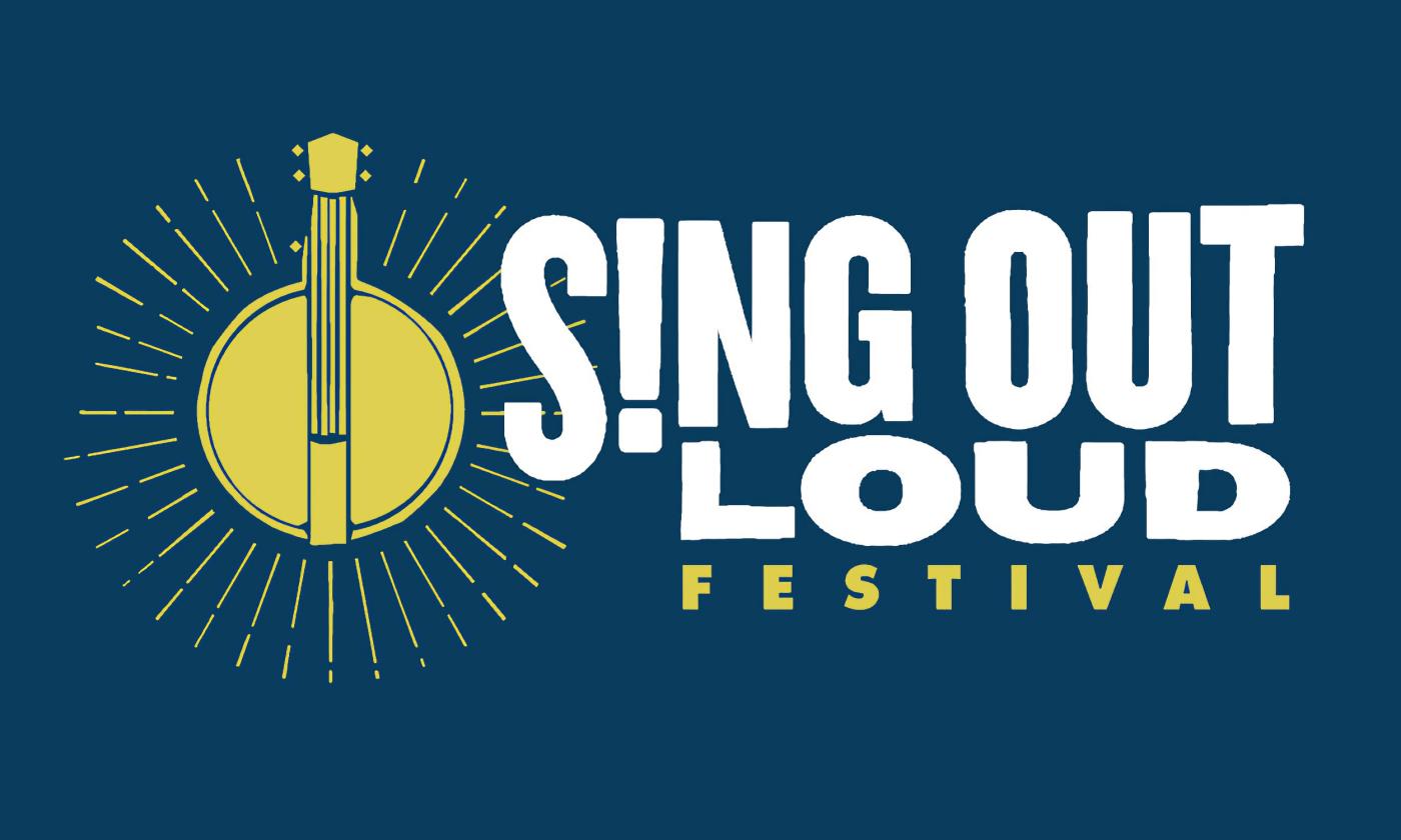The words, Sing Out Loud Festival, in white on a blue background with a banjo in gold