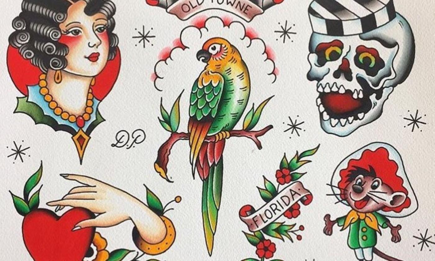 A colorful sample of art from Old Towne Tattoo, which features a woman, a bird, a skeleton, and a mouse. 