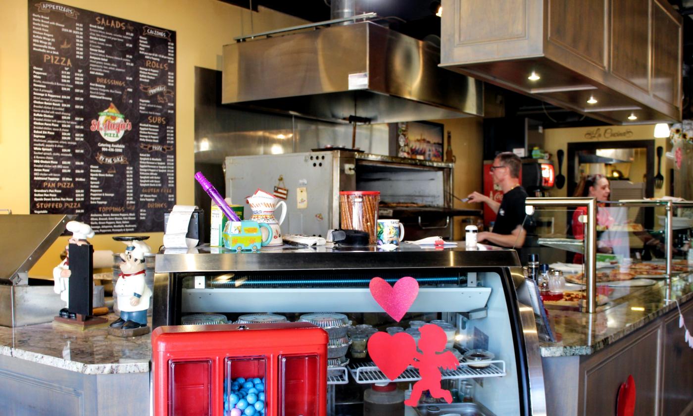 The interior of St. Augie's Pizza, which specializes in New York style pizzas 