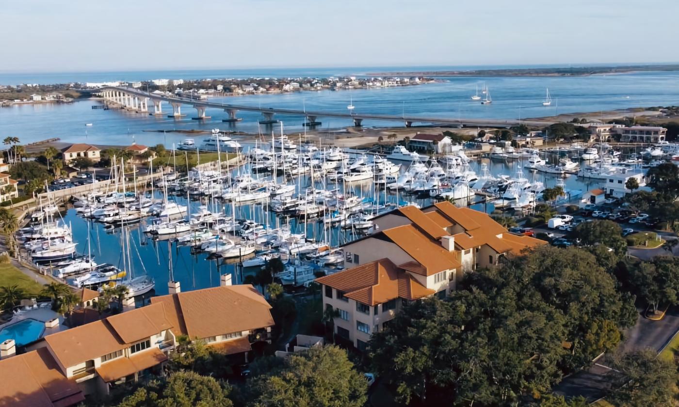 Panoramic view of Camachee Cove Yacht Harbor