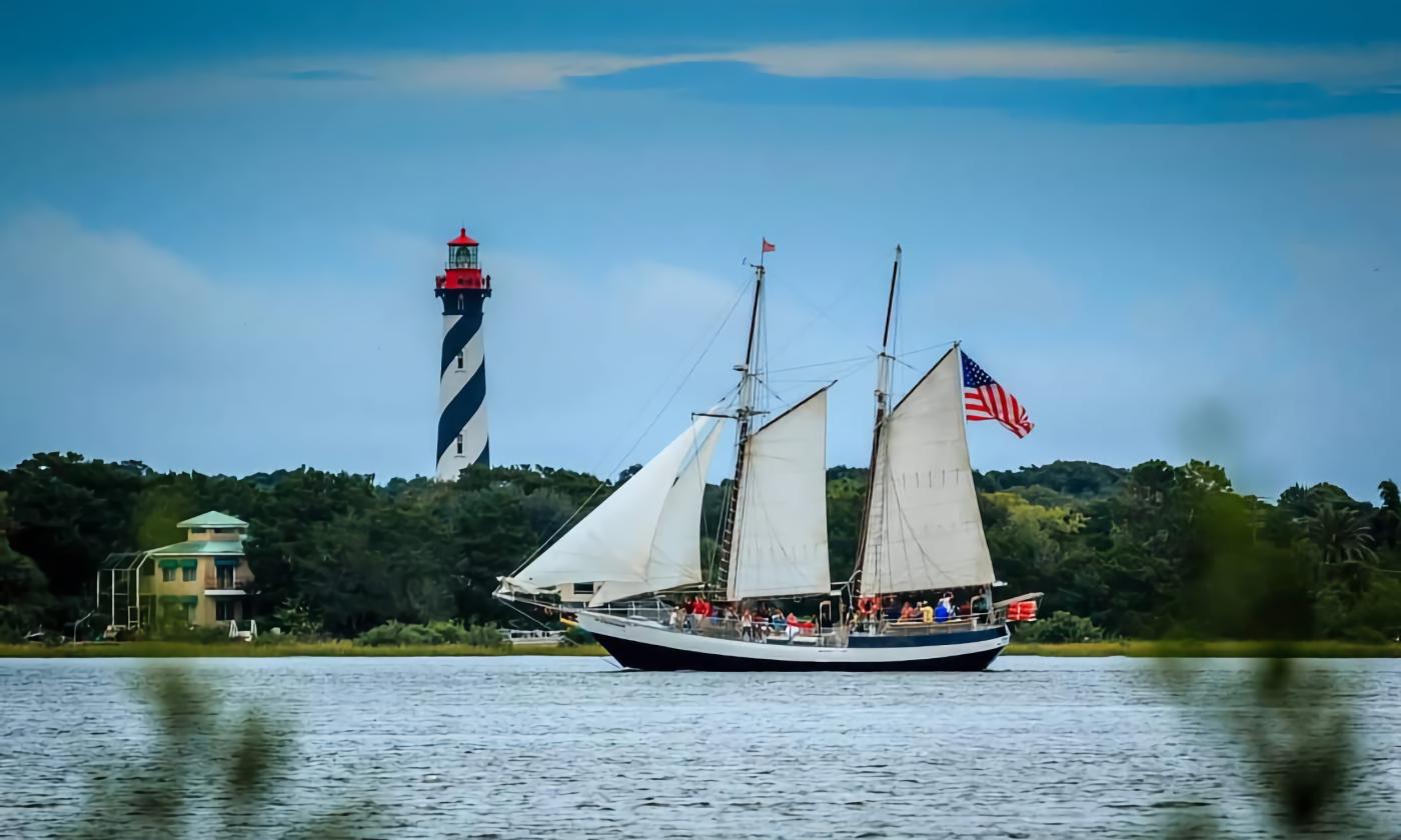 The Schooner Freedom sailing past the lighthouse on Anastasia Island