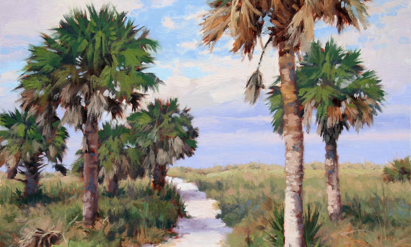 Artwork featuring palm trees and clear skies from Fantastic Florida exhibit at St. Augustine Art Association