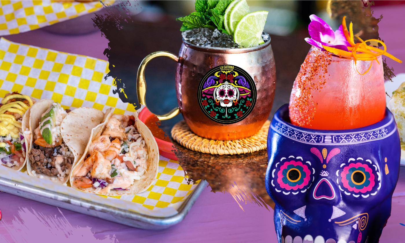 Tacos and unique beverages offered at La Catrina