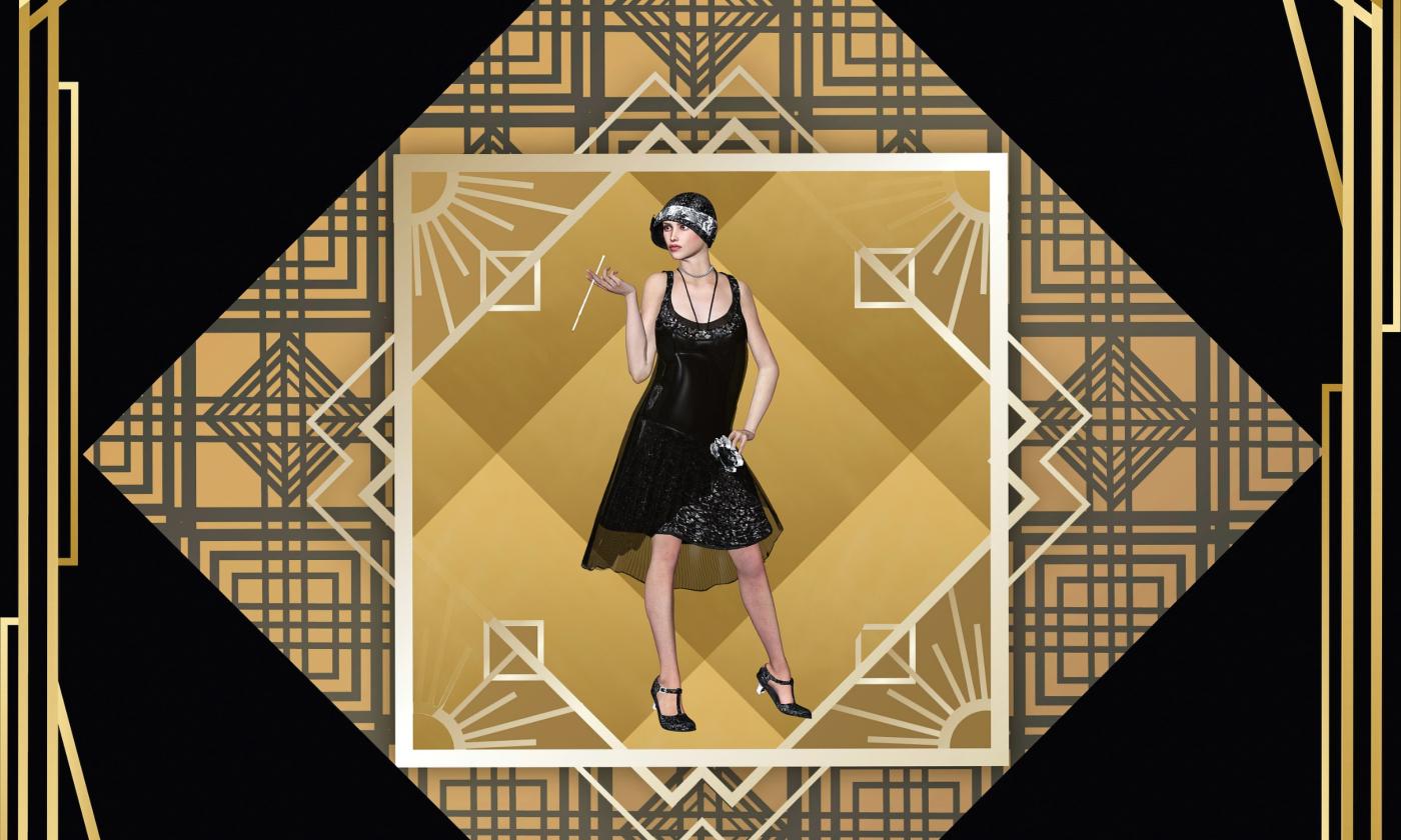 Art deco black and gold background wiht flapper in a black dress