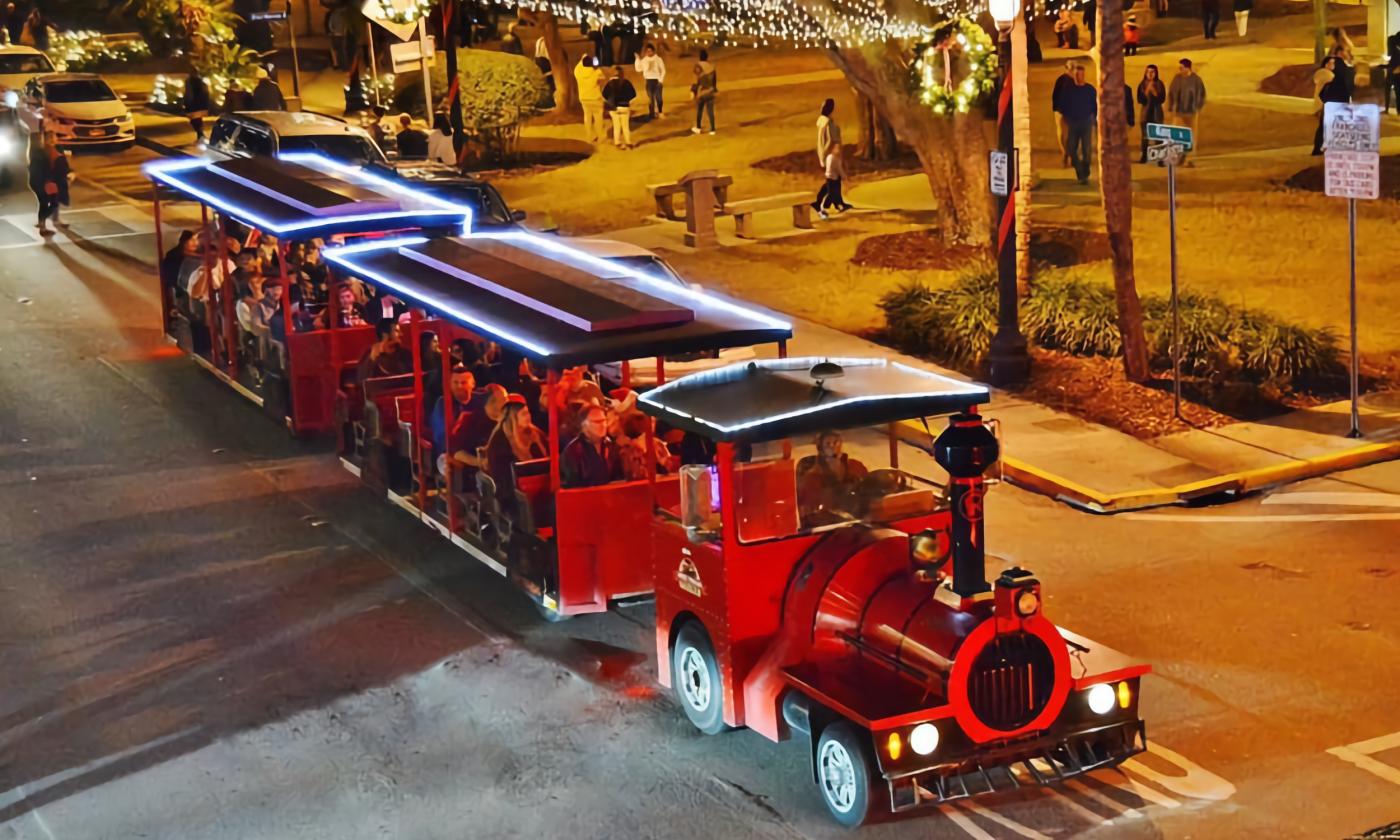 Ripley's Red Train on a Nights of Lights tour