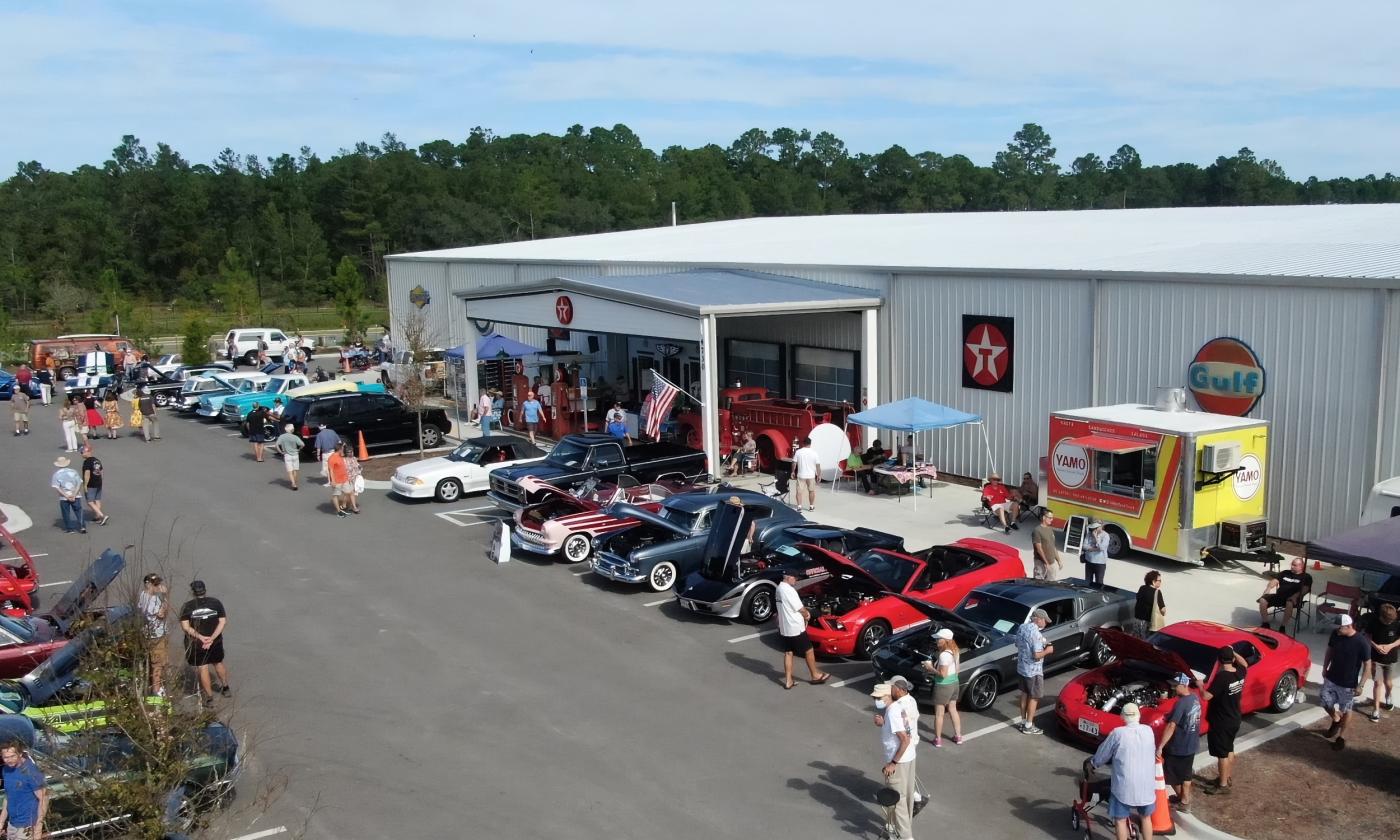 An aerial view of Classic Car Museum during an automotive event