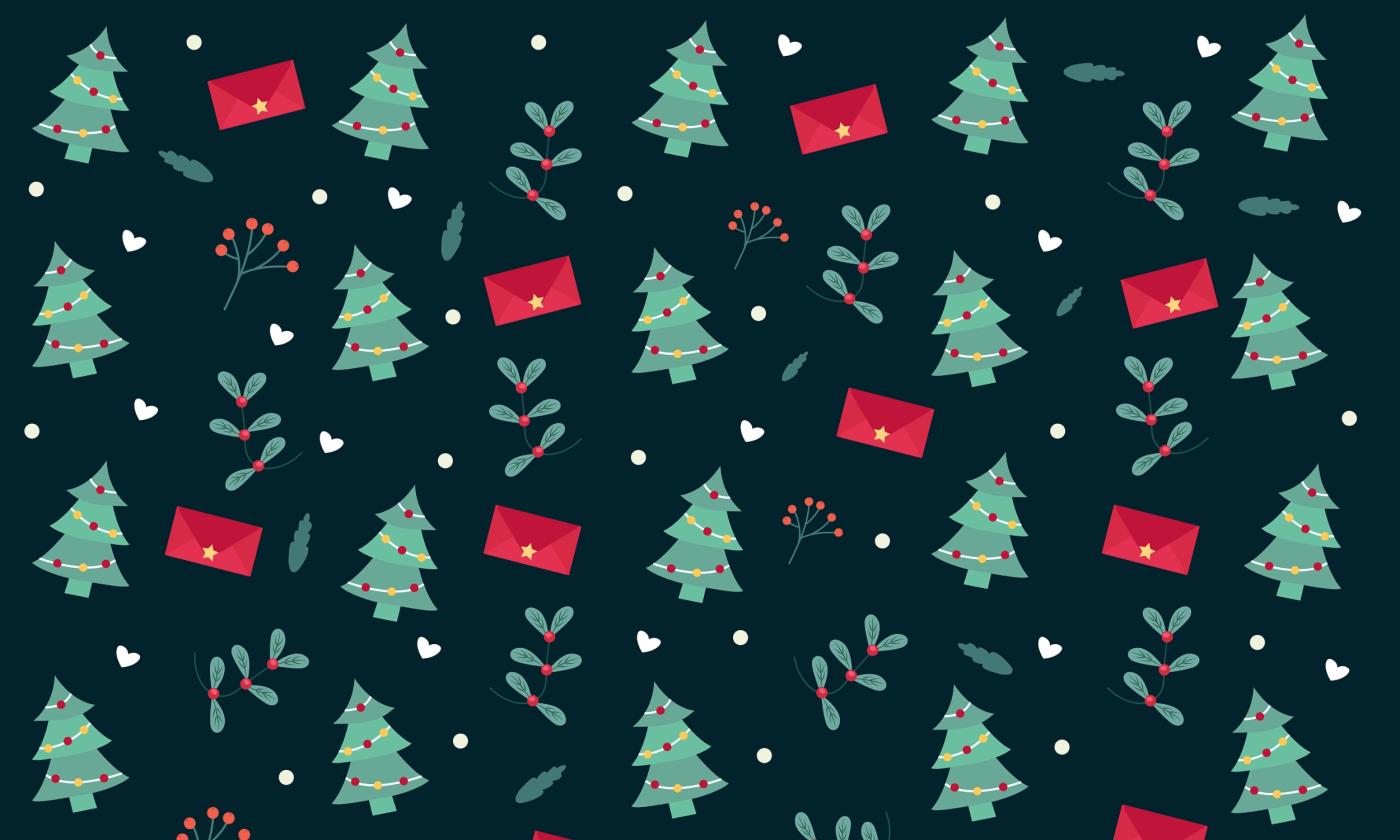 This green and red pattern of Christmas trees and packages is on a black background
