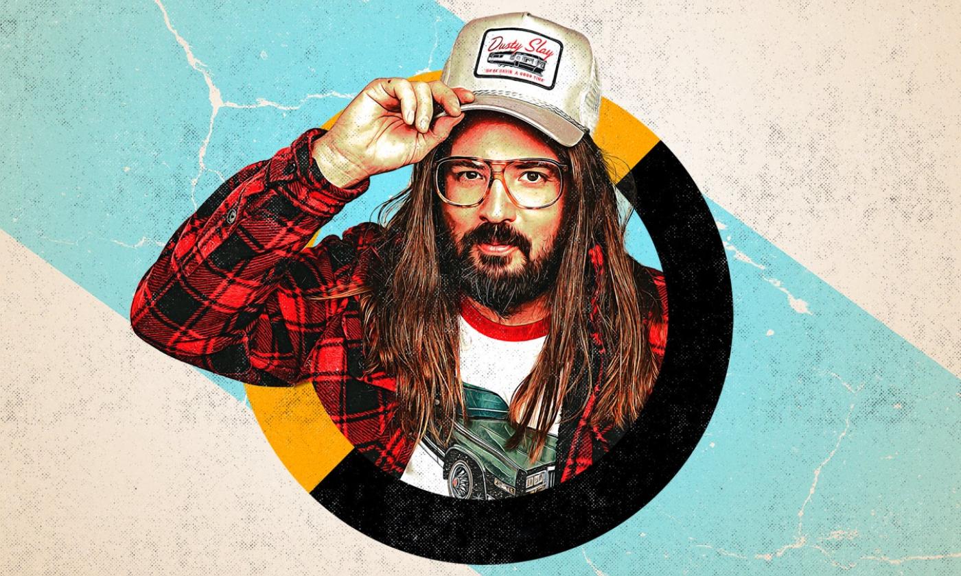 A cartoon version of Dusty Slay shows him holding his cap while wearing glasses and a plaid shirt.
