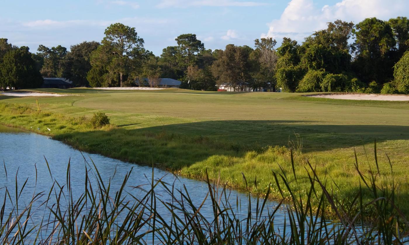 A fairway at St. Augustine Shores Golf Club borders a pond with tall grasses