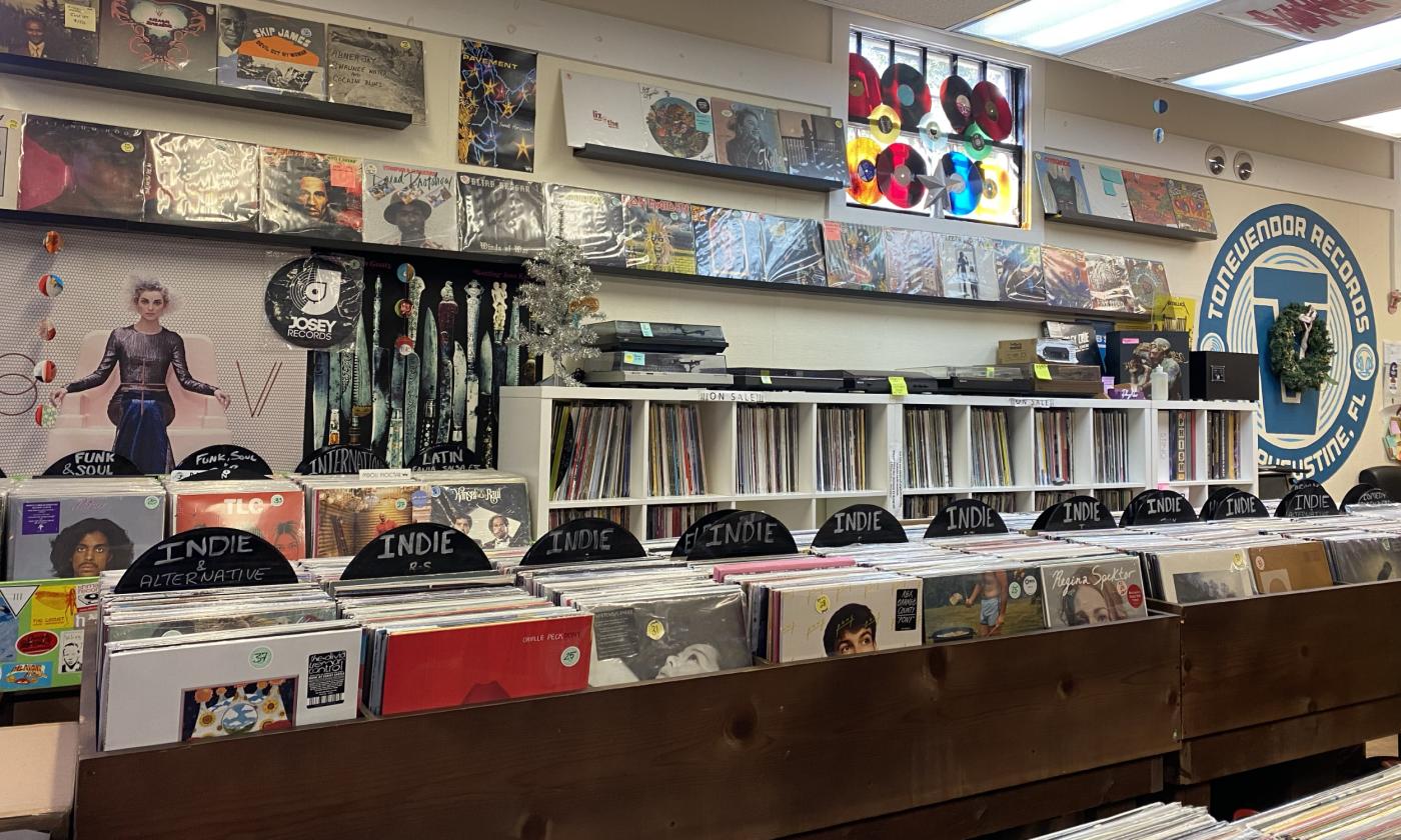 Records line the shelves and walls inside the shop