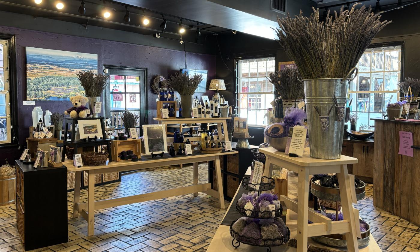 The interior of the shop with lavender products laid out on tables