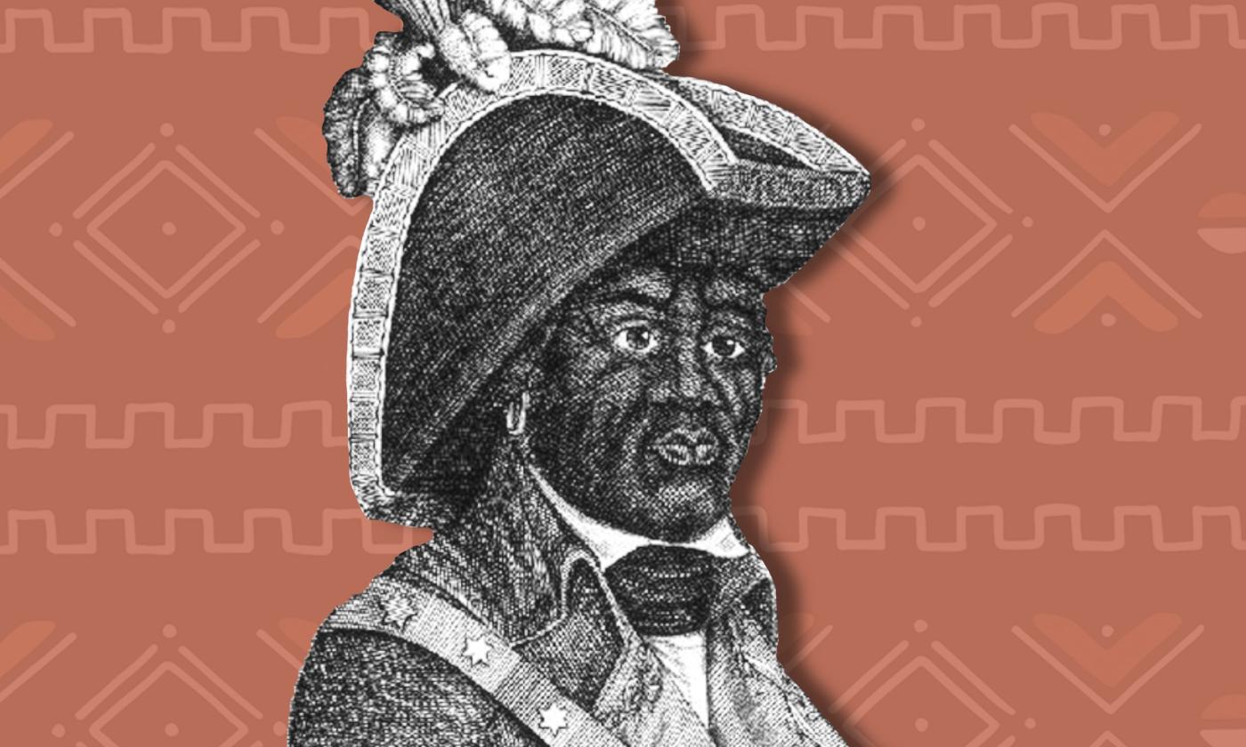 Collage over a red textured background. An illustrated portrait of General Jorge Biassou, a Black man in a colonial hat and military uniform.