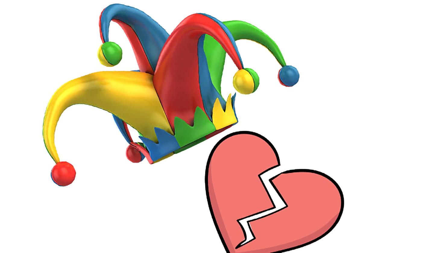 Art combining a Fool's Hat and Broken Heart for the Fools for Love Tale Tellers event