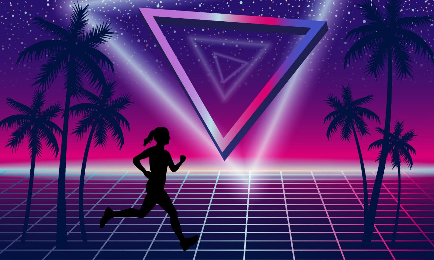 A silhouette of a runner against a 80s-style background with neon lights and palm trees