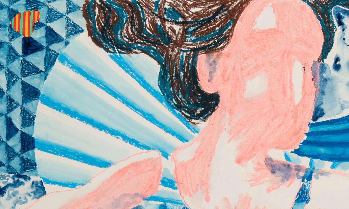 A detail section of a mixed media work of art in blues and flesh tones, depicting a woman on the beach