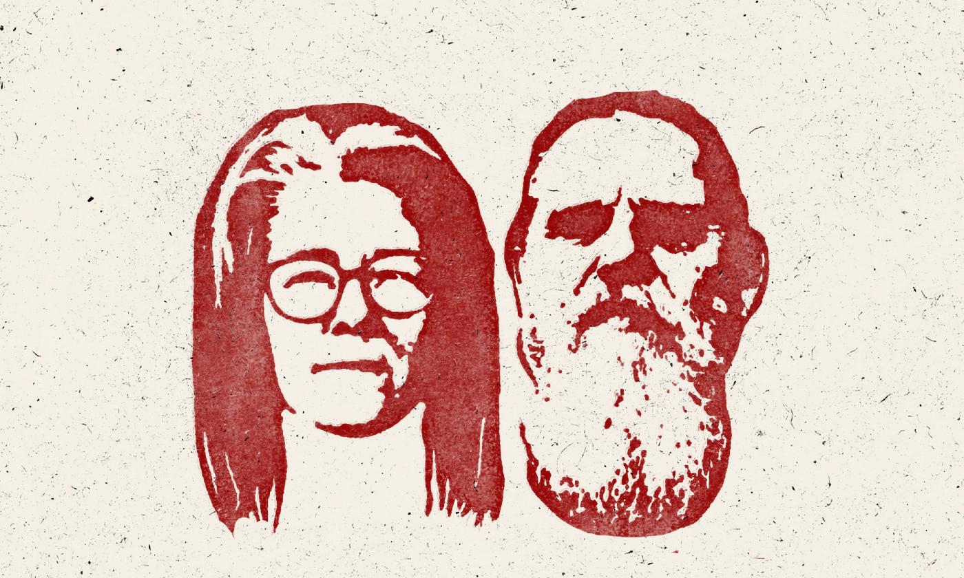 Styalized image featureing Chelsea Saddler and Dewey Via in red over a confetti background
