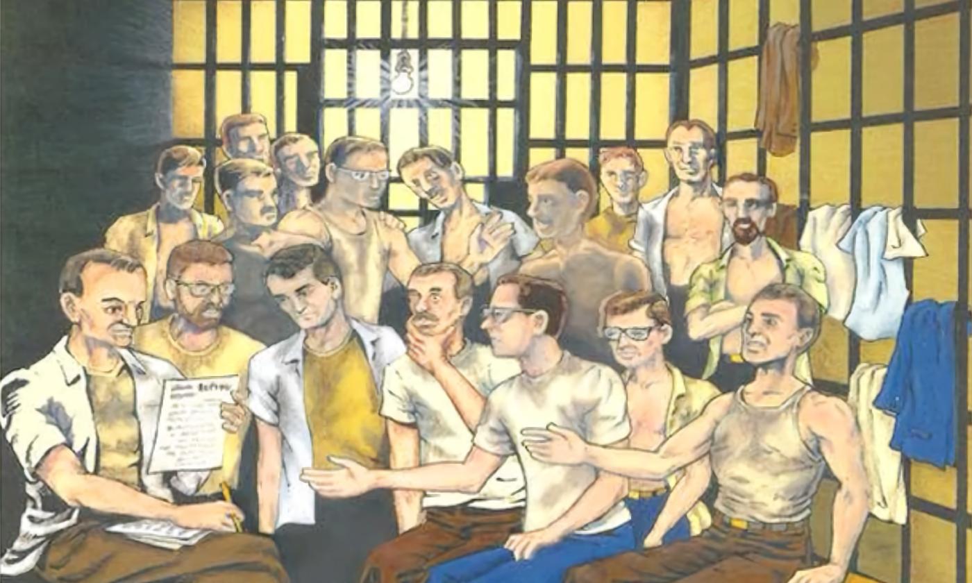 A painting of the rabbis who were jailed in St. Augustine, shows men grouped in a hot cell