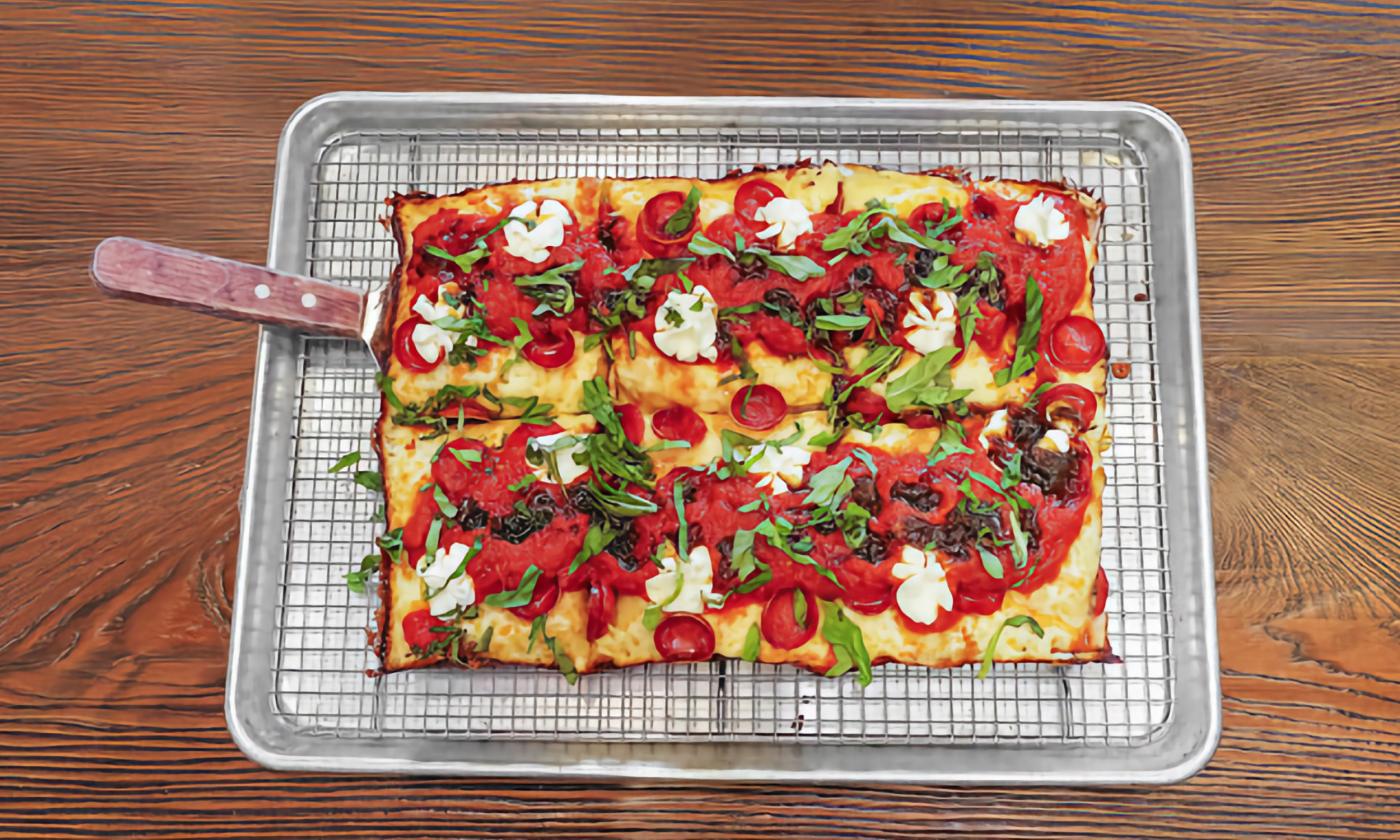 A pan of pizza