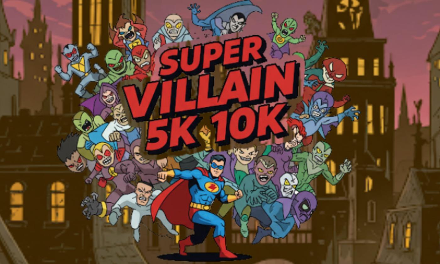Supervillain 5k and 10k race banner featuring cartoon villains