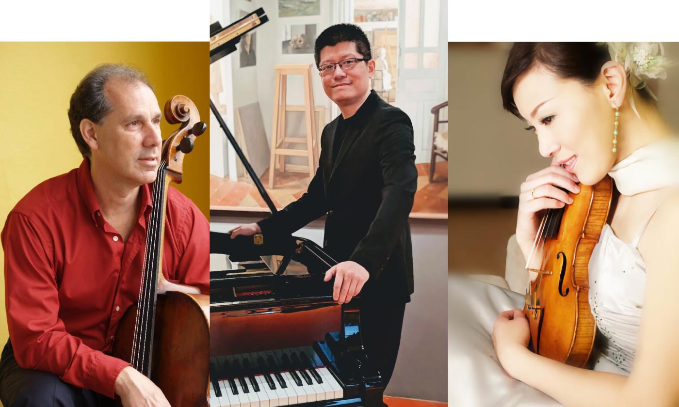 A collage of three musicians, a cellist, pianist, and violinist