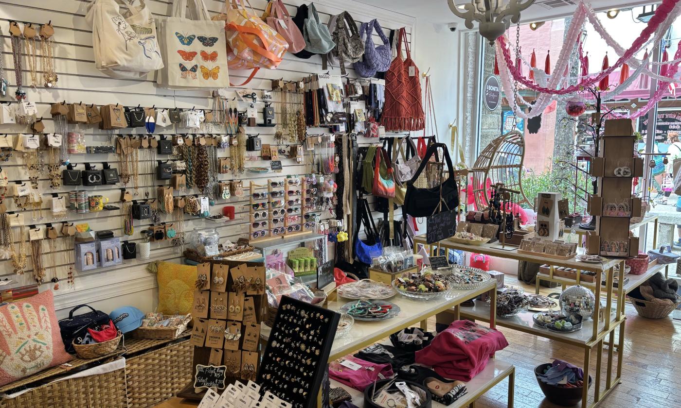 Various merchandise displayed at the shop's entrance