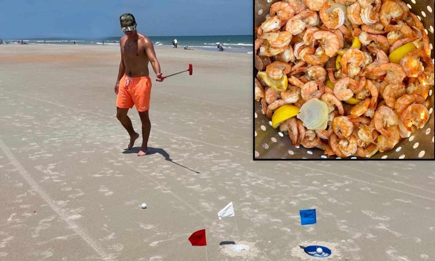 A Sand Strokes golfer playing three putt-putt holes, with a shrimp boil in the corner