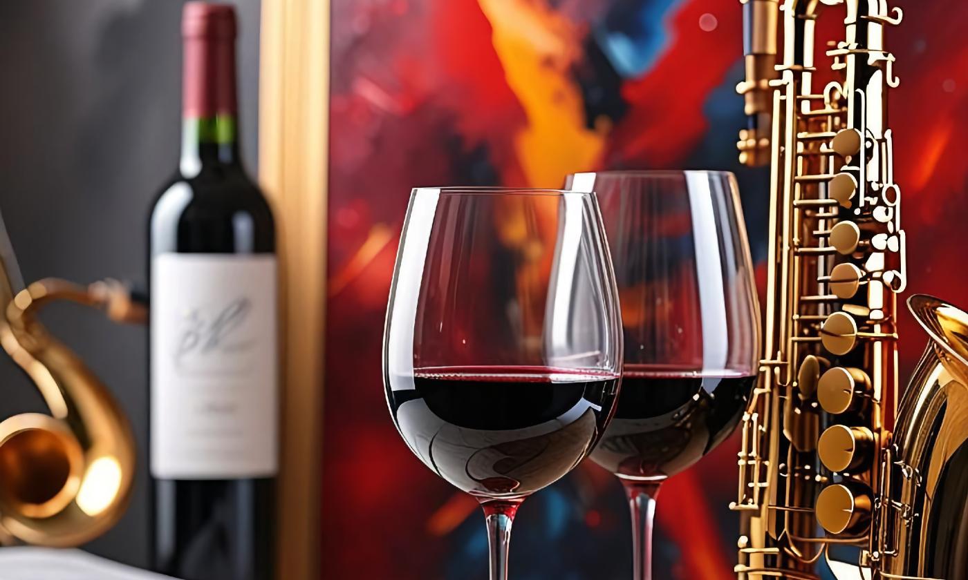 A bottle of wine, two filled glasses, and a saxophone, in front of a bright work of art