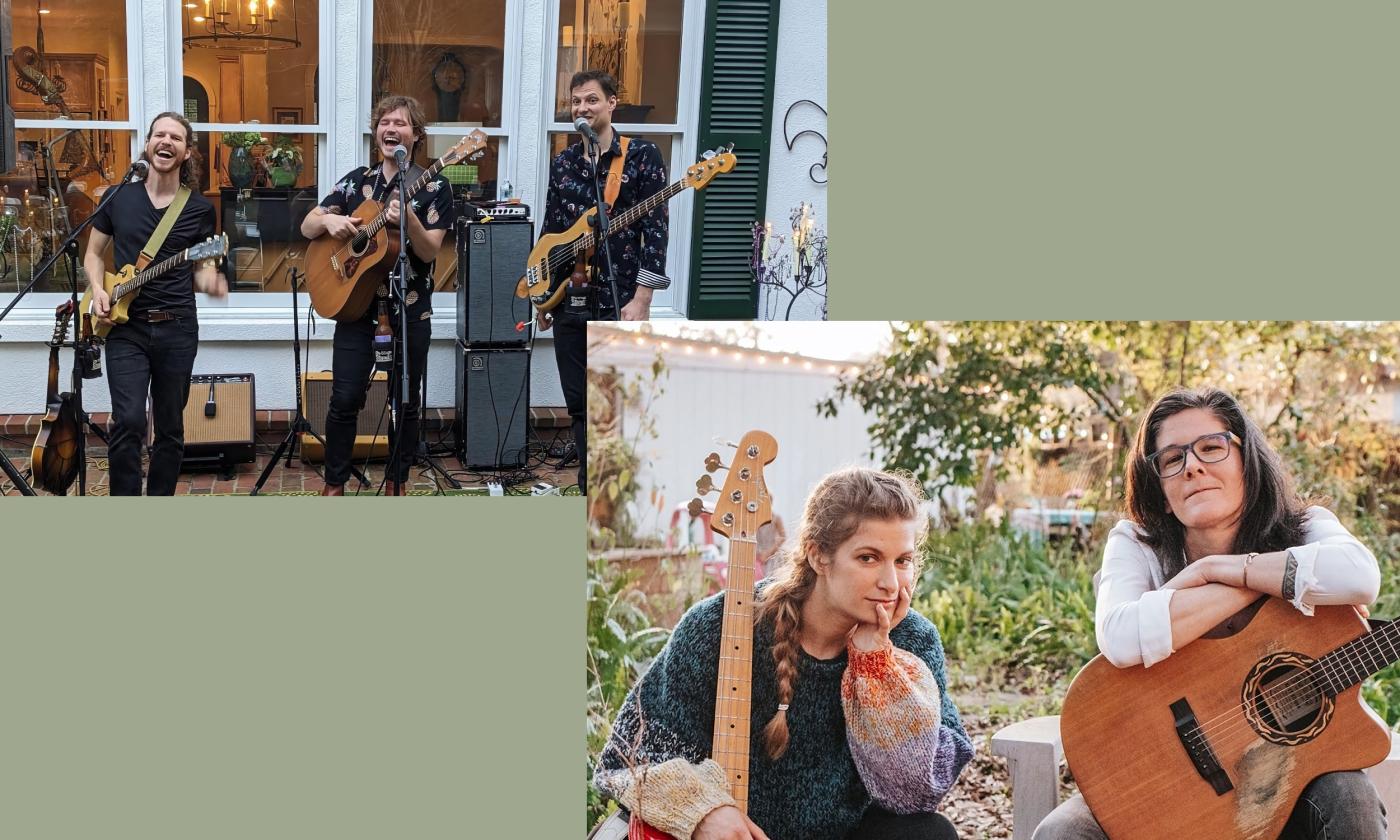 Two bands, one three-man trio standing, and a two-person duo seated