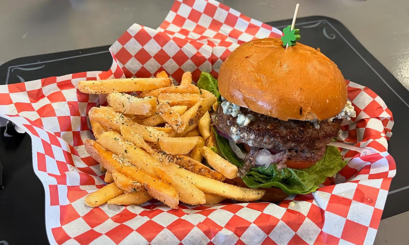 Cafe Cairano's Bruno's black and blue burger, with shoestring fries