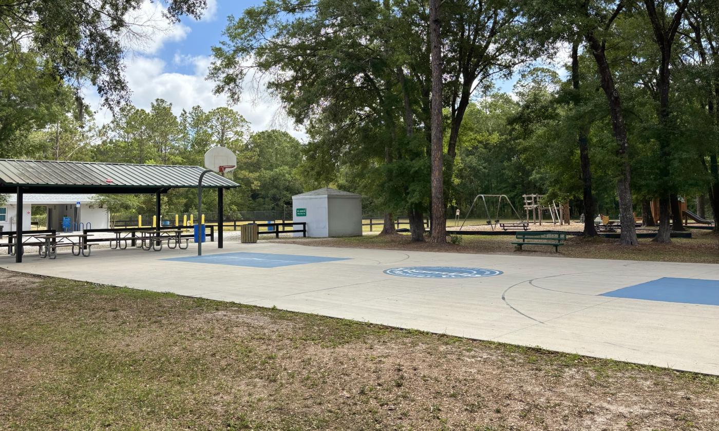 An outdoor basketball court