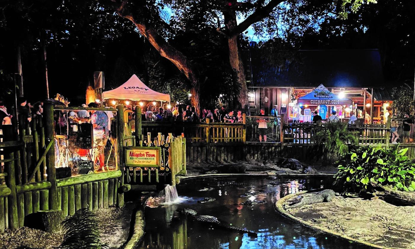 Looking past a water enclosure to the paths of the Alligator Farm, dotted with illuminated tents