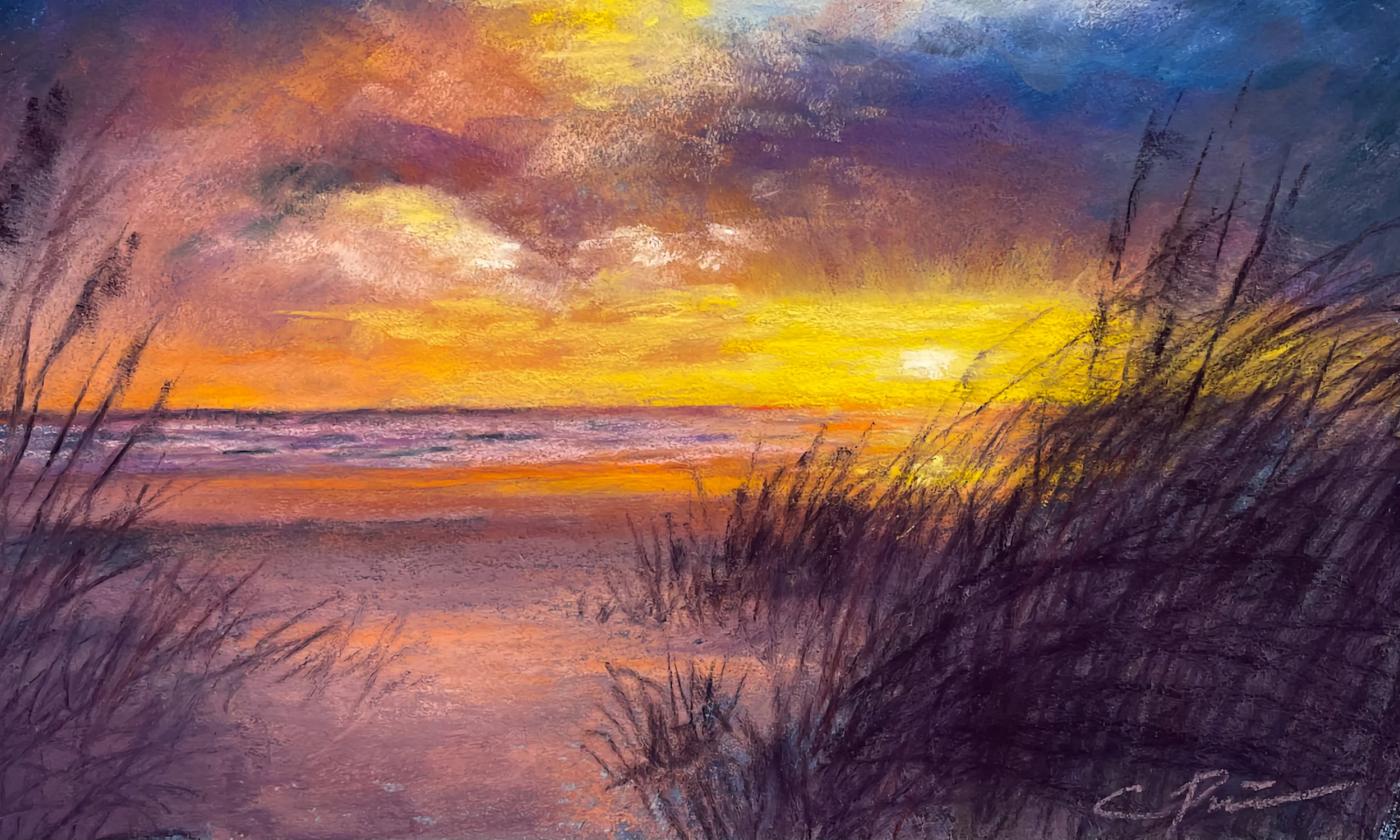 A pastel painting of a beach landscape with local fauna