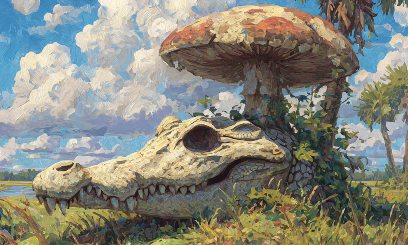 A mushroom rests beside an alligator skull.