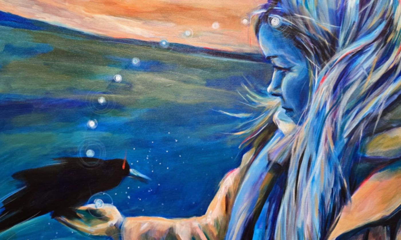 Painting of a woman bathed in blue tones holding a black bird