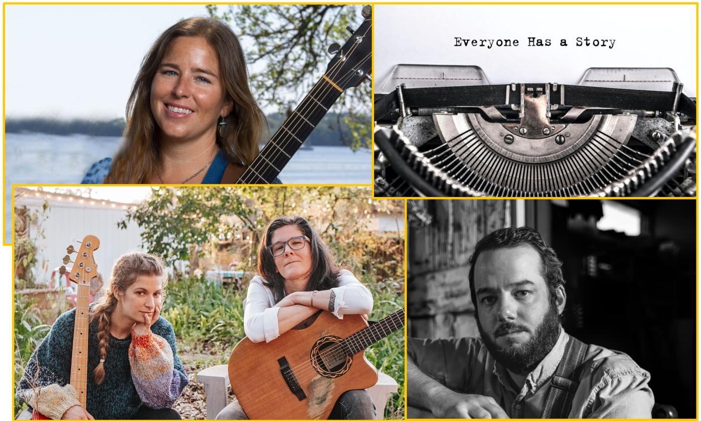 A montage of four musicians, a duo and two solo artist and the Pecha Kucha typewriter