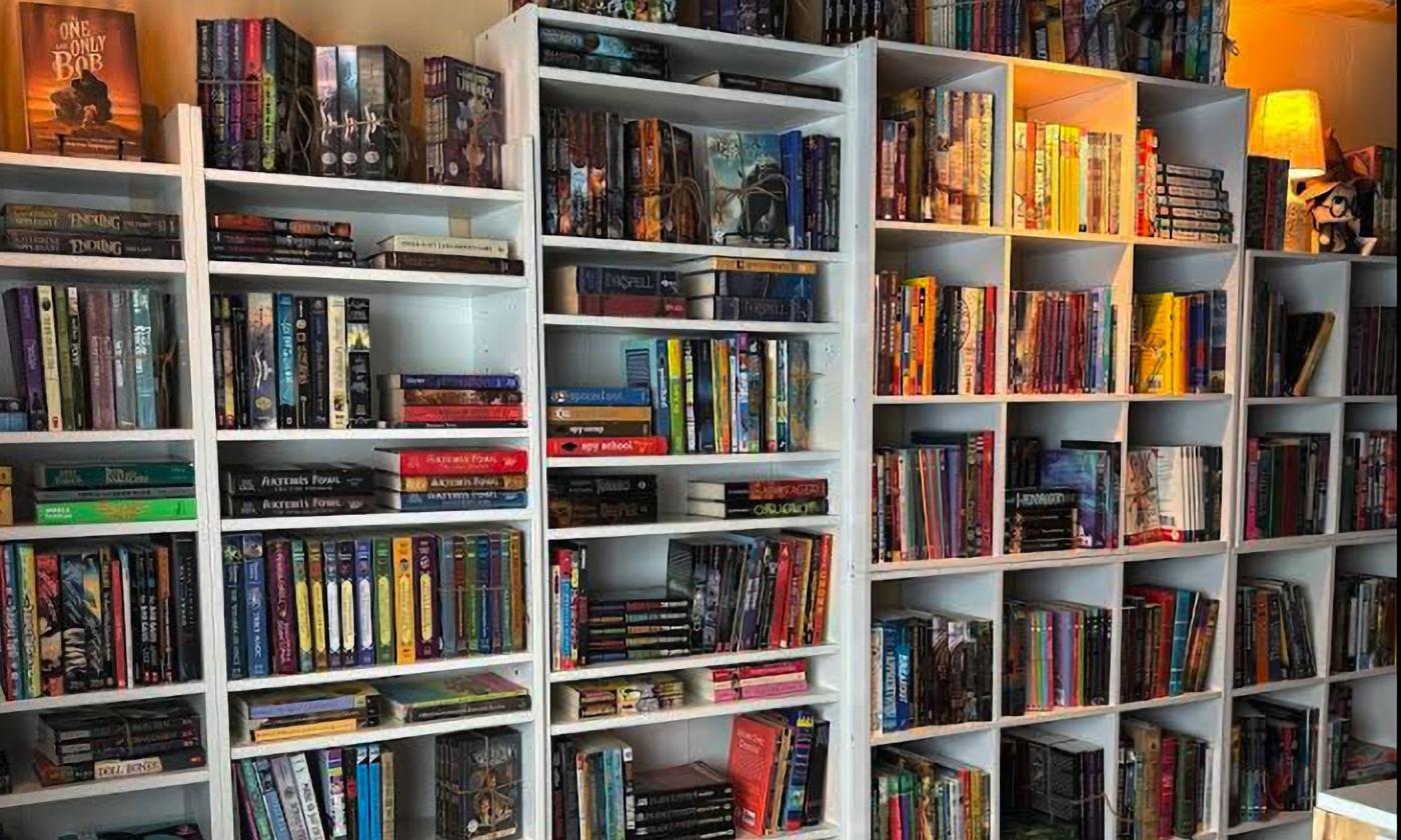 Shelves of various book genres