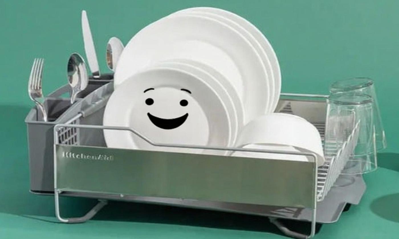 A dishrack with a smiley face