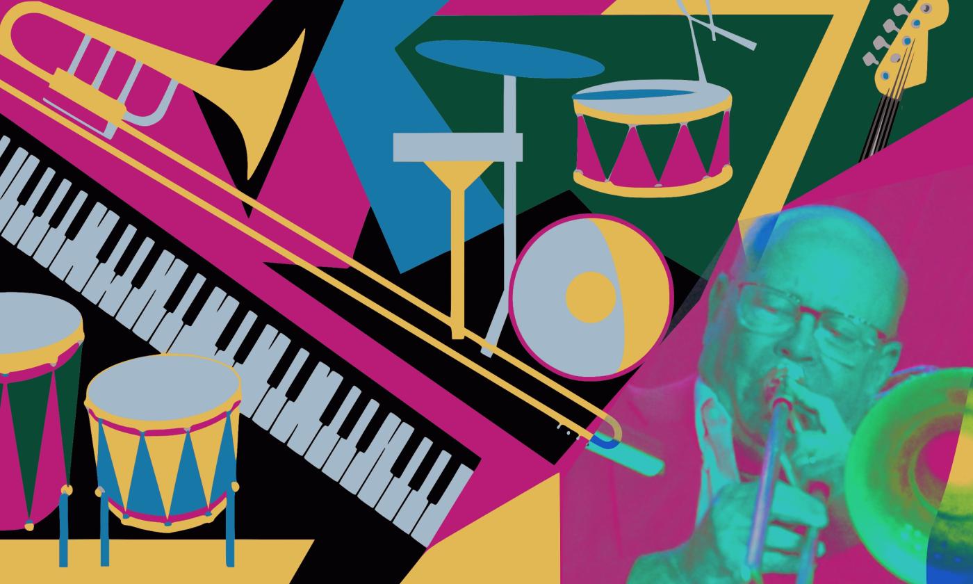 Colorful art featuring various instruments, and a man playing a trombone