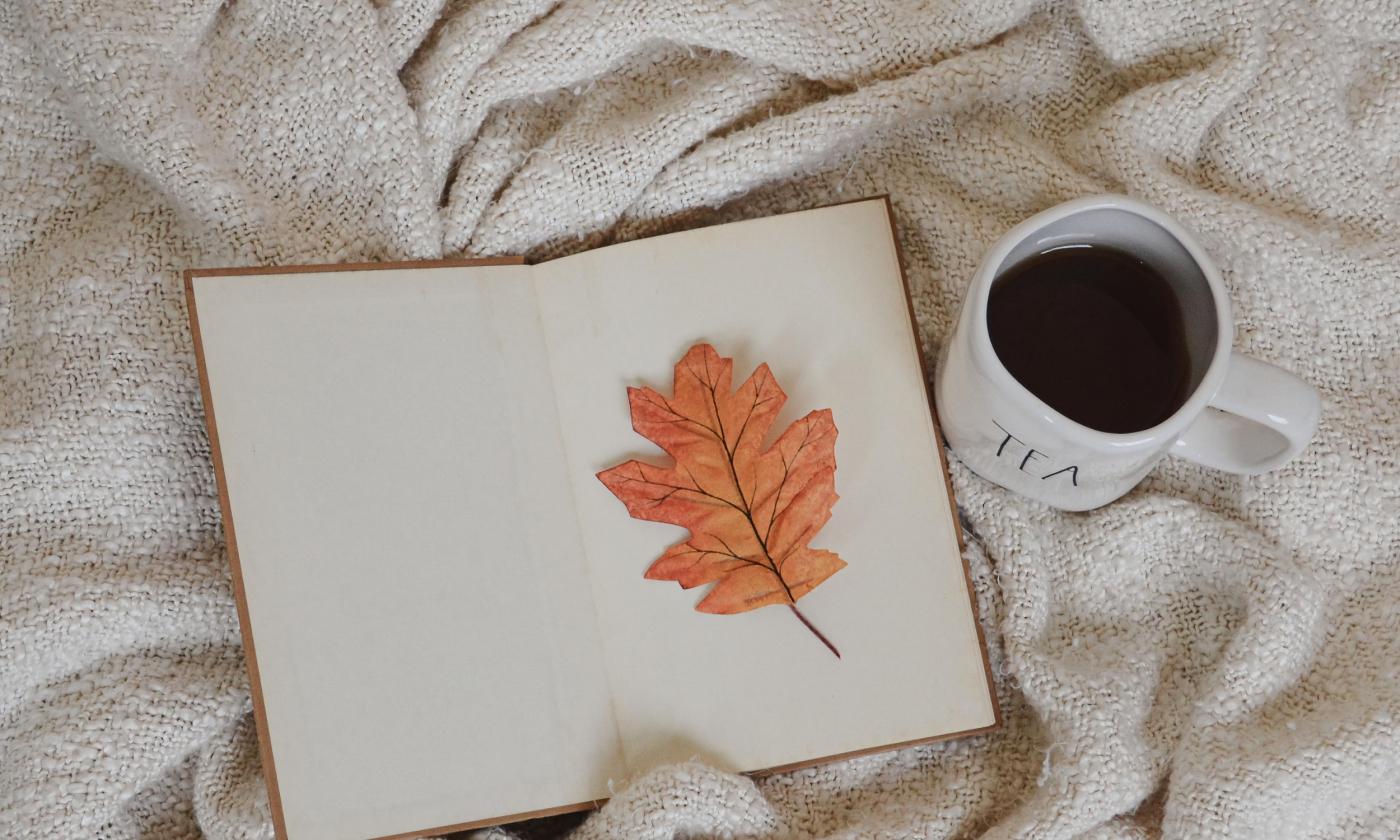 An open book, with a fall leaf, next to a cup of tea, all on a cozy blanket
