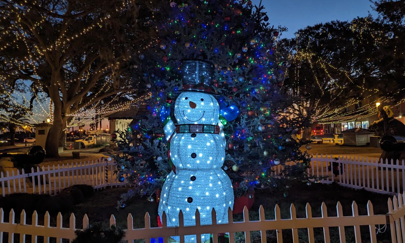 Snowman of lights in the Plaza for Nights of Lights
