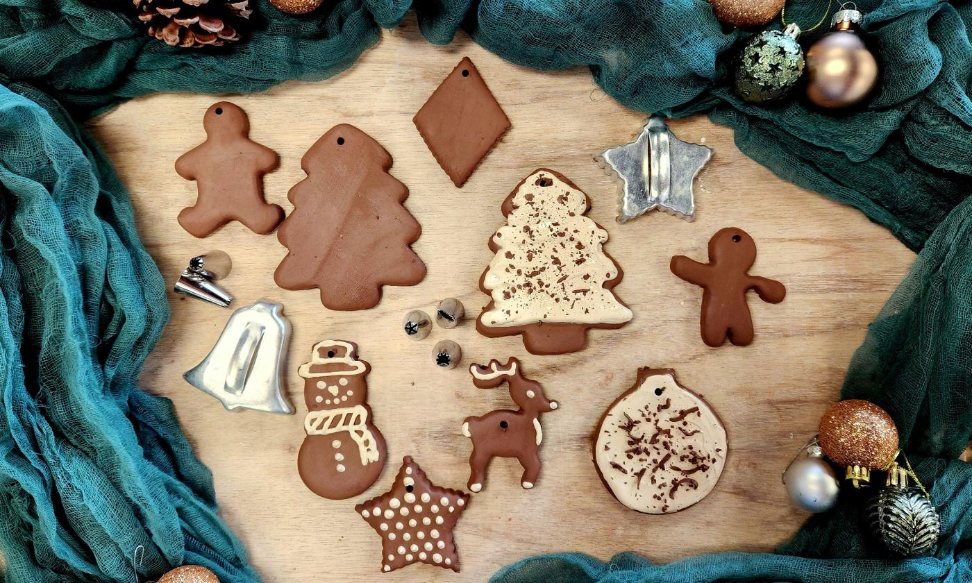 Clay ornaments laid out on a table