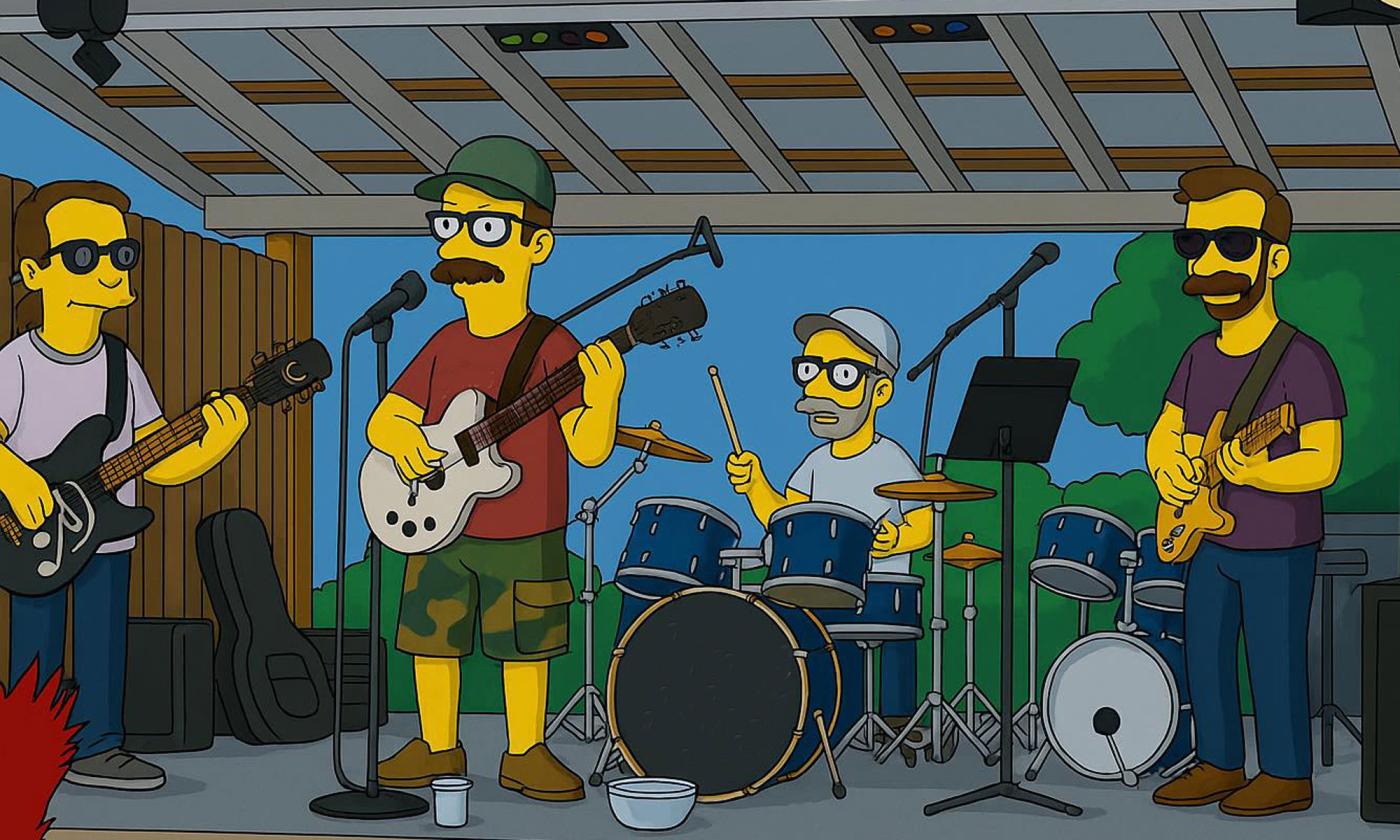 Cartoon representation of hte band Auggy Style playing, onstage. 