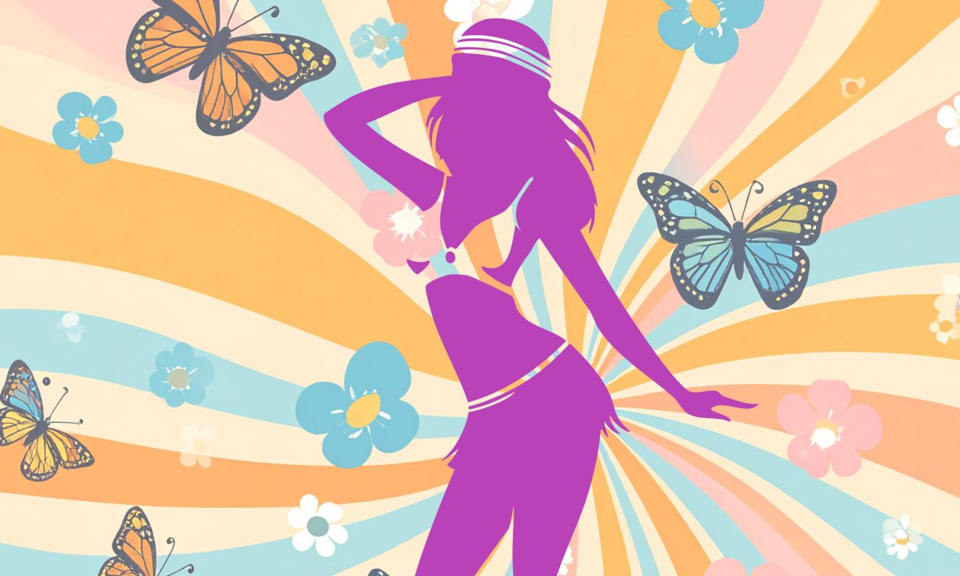 1970s-styled art with bright colors, a woman, and butterflies