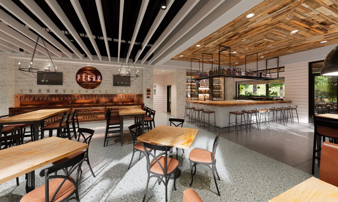 The indoor dining and bar space