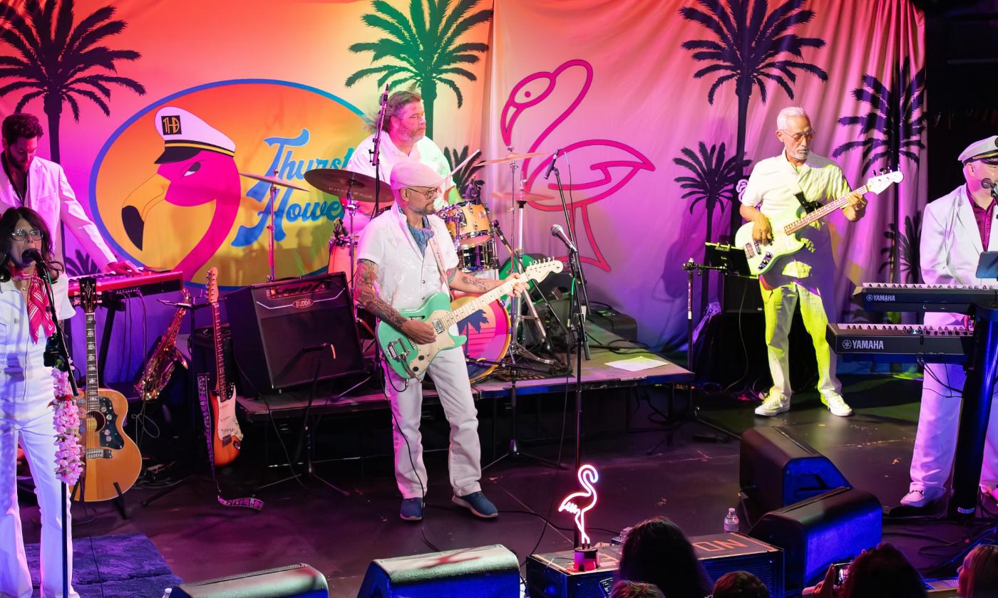 The yacht rock band, Thurston Howell, on stage